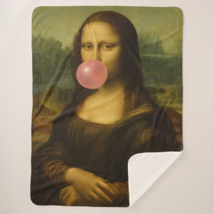 Mona Lisa Blowing Pink Bubble Gum Sherpa Blanket