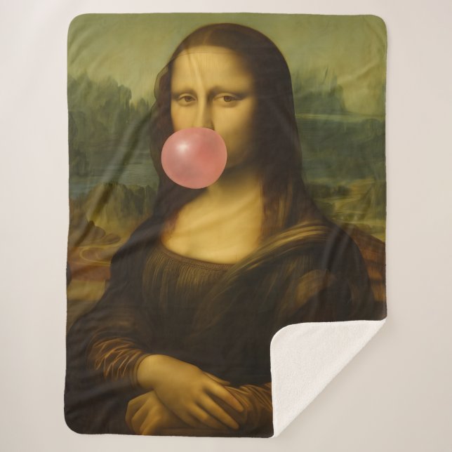 Mona Lisa Blowing Pink Bubble Gum Sherpa Blanket (Front)