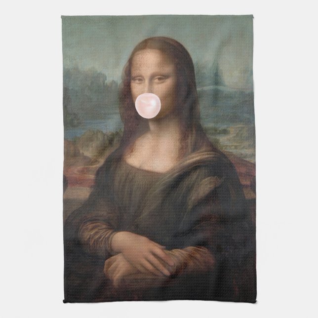 Mona Lisa Blowing Pink Bubble gum   Tea Towel (Vertical)