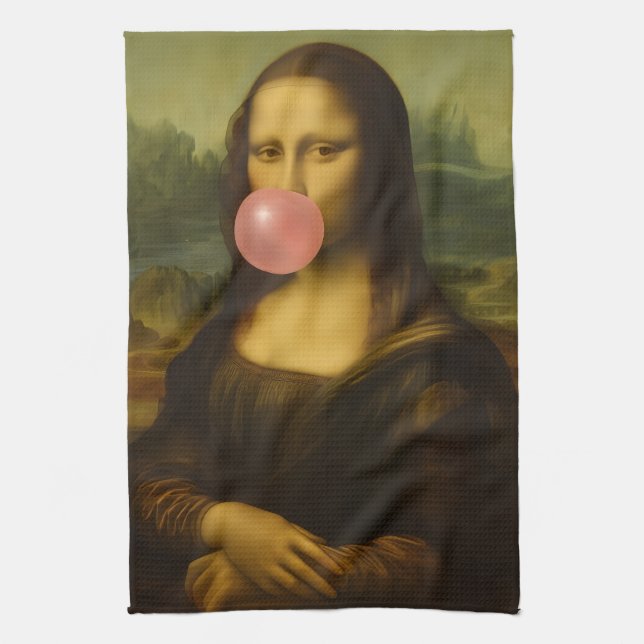 Mona Lisa Blowing Pink Bubble Gum Tea Towel (Vertical)