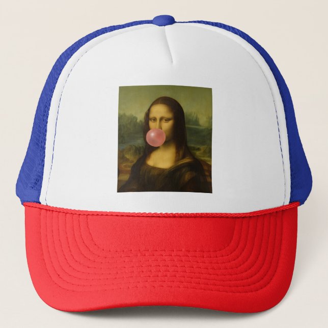 Mona Lisa Blowing Pink Bubble Gum Trucker Hat (Front)