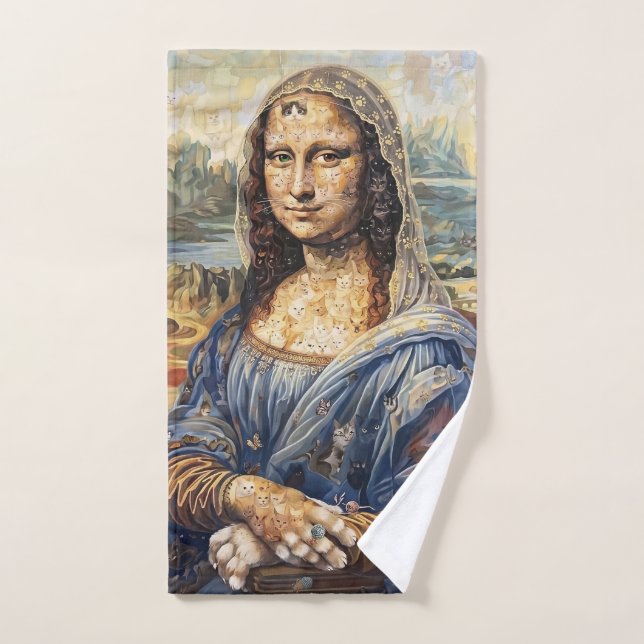 Mona Lisa collage art made with cat faces Hand Towel (Hand Towel)