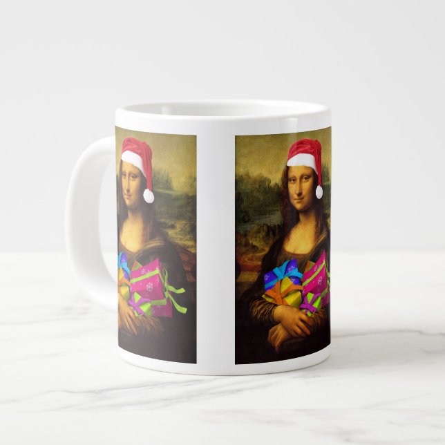 Mona Lisa Comes As Santa Claus Large Coffee Mug (Front Left)