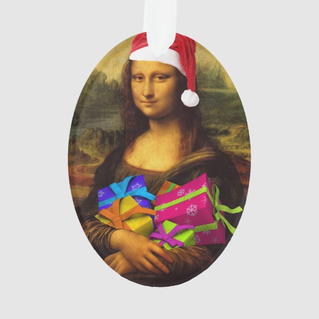 Mona Lisa Comes As Santa Claus Ornament (Back)