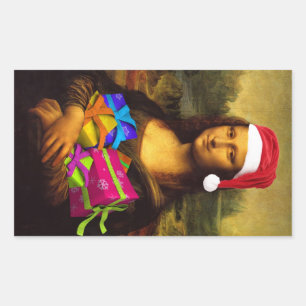 Mona Lisa Comes As Santa Claus Rectangular Sticker