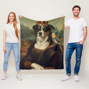 Mona Lisa Dog with Cockatiel Parrot Fleece Blanket
