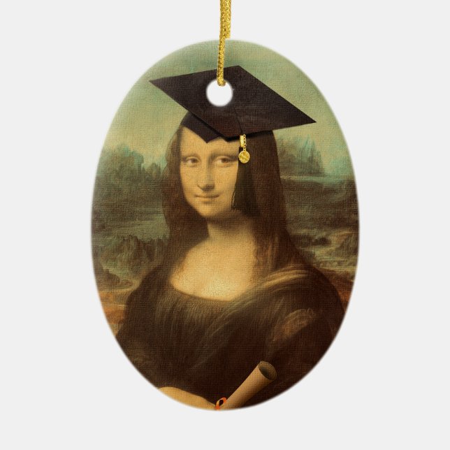 Mona Lisa Graduation Grad Cap Ceramic Tree Decoration (Front)