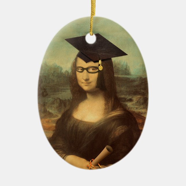 Mona Lisa Graduation Grad Cap Ceramic Tree Decoration (Front)