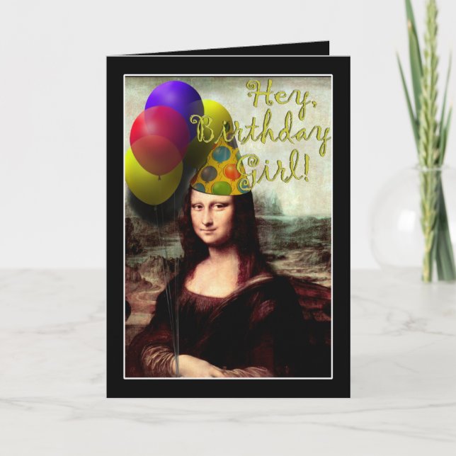 Mona Lisa Happy Birthday Party Hat Card (Front)