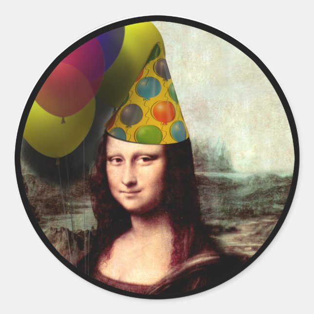 Mona Lisa Happy Birthday Party Hat Classic Round Sticker (Front)