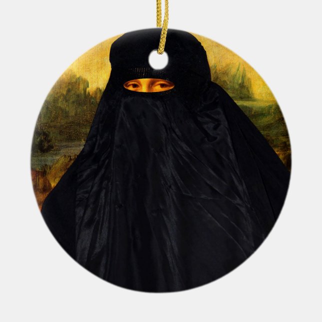Mona Lisa Hidden Behind Burqa Ceramic Tree Decoration (Front)