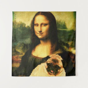 Mona Lisa holding a pug, Pug lovers pet Tapestry