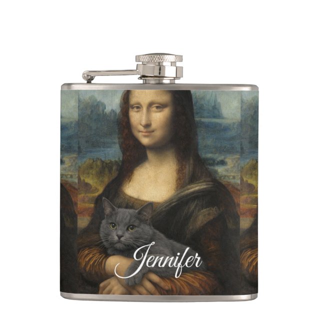 Mona Lisa Holding Elegant Gray Cat                 Hip Flask (Front)