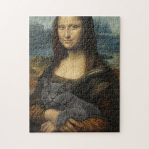 Mona Lisa Holding Elegant Gray Cat Jigsaw Puzzle