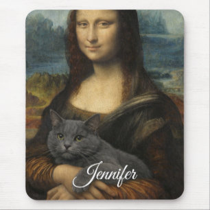Mona Lisa Holding Elegant Gray Cat Mouse Mat