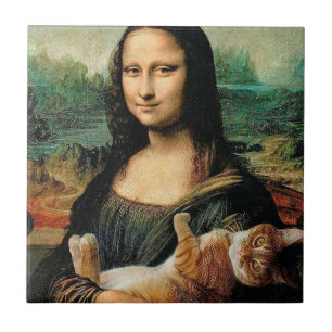 Mona Lisa holding her cat Leonardo da Vinci Tile