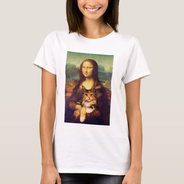 Mona Lisa holding her cat pet Leonardo da Vinci T-Shirt (Front)
