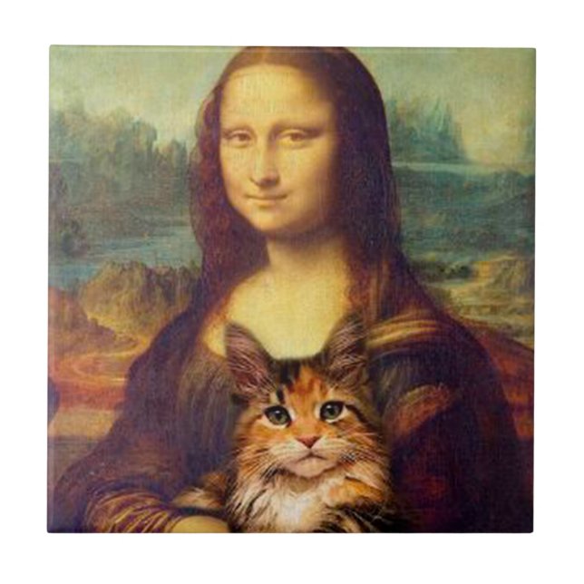 Mona Lisa holding her cat pet Leonardo da Vinci Tile (Front)