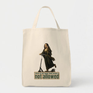 Mona Lisa on the phone  riding a kick scooter Tote Bag