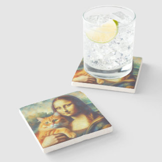 Mona Lisa painting La Gioconda with Cat Stone Coaster