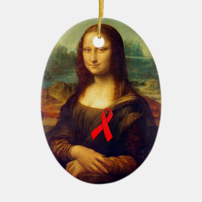 Mona Lisa Red Ribbon Ceramic Tree Decoration (Front)