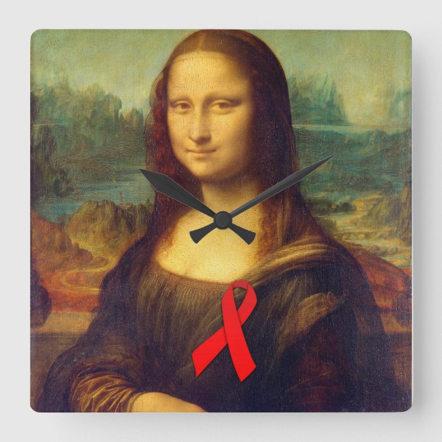 Mona Lisa Red Ribbon Square Wall Clock (Front)