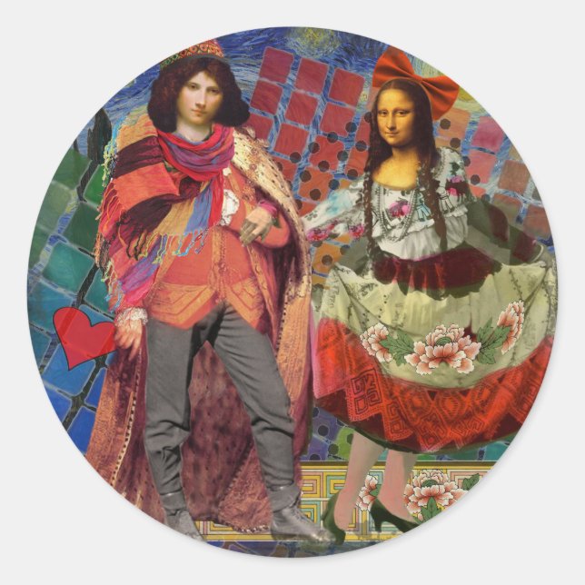 Mona Lisa Romantic Funny Colourful Artwork Classic Round Sticker (Front)