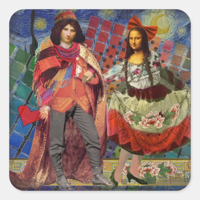 Mona Lisa Romantic Funny Colourful Artwork Square Sticker (Front)