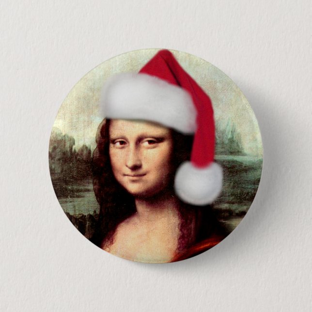 Mona Lisa Santa Hat Christmas 6 Cm Round Badge (Front)