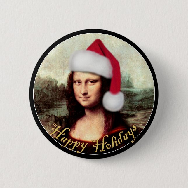 Mona Lisa Santa Hat Christmas 6 Cm Round Badge (Front)