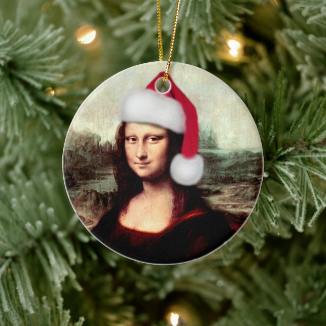 Mona Lisa Santa Hat Christmas Ceramic Tree Decoration (Tree)