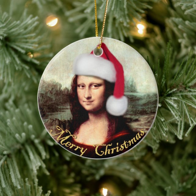 Mona Lisa Santa Hat Christmas Ceramic Tree Decoration (Tree)