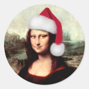 Mona Lisa Santa Hat Christmas Classic Round Sticker