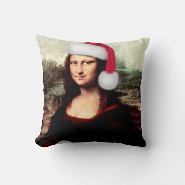 Mona Lisa Santa Hat Christmas Cushion (Front)