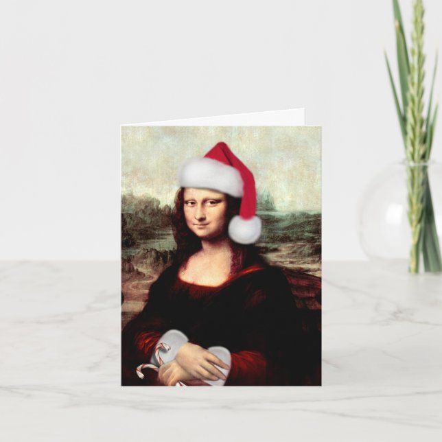 Mona Lisa Santa Hat Christmas Holiday Card (Front)