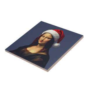 Mona Lisa Santa Hat Christmas Holiday Cut Out Tile