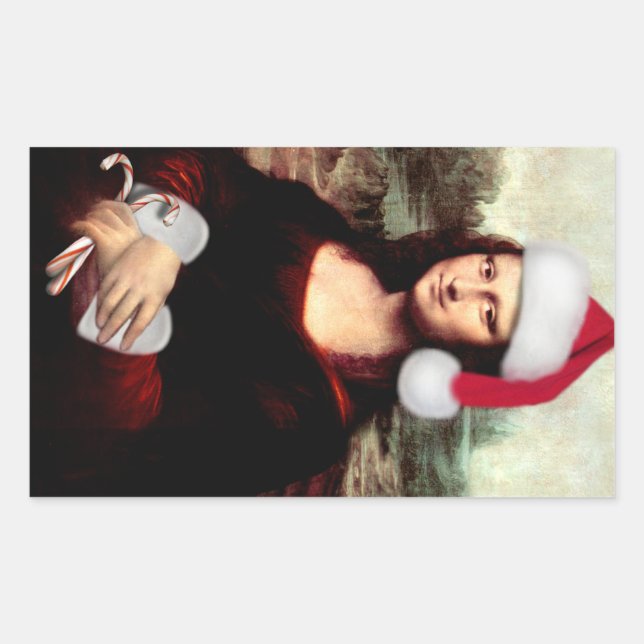 Mona Lisa Santa Hat Christmas Rectangular Sticker (Front)