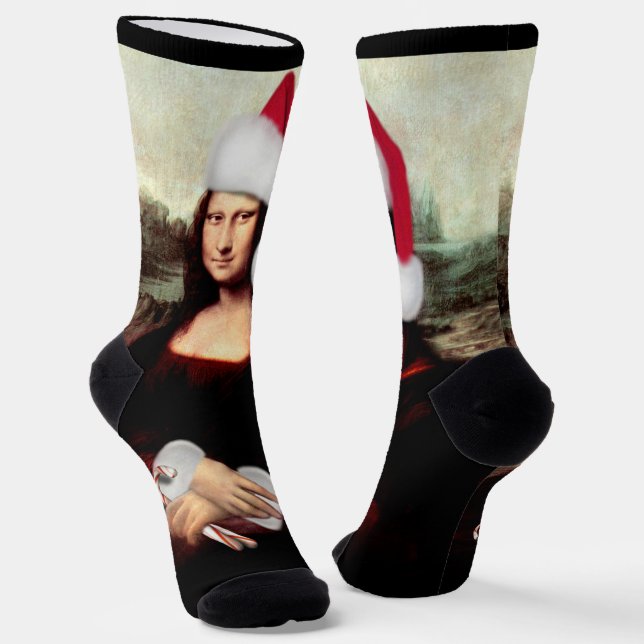 Mona Lisa Santa Hat Christmas Socks (Angled)