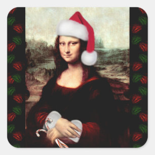 Mona Lisa Santa Hat Christmas Square Sticker