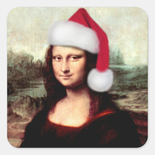 Mona Lisa Santa Hat Christmas Square Sticker