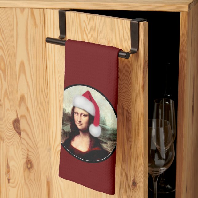 Mona Lisa Santa Hat Christmas Tea Towel (Thirds Fold)