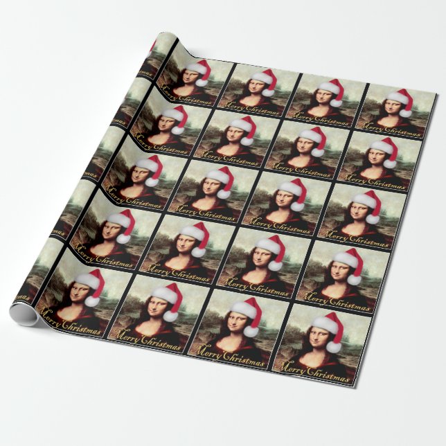 Mona Lisa Santa Hat Christmas Wrapping Paper (Unrolled)
