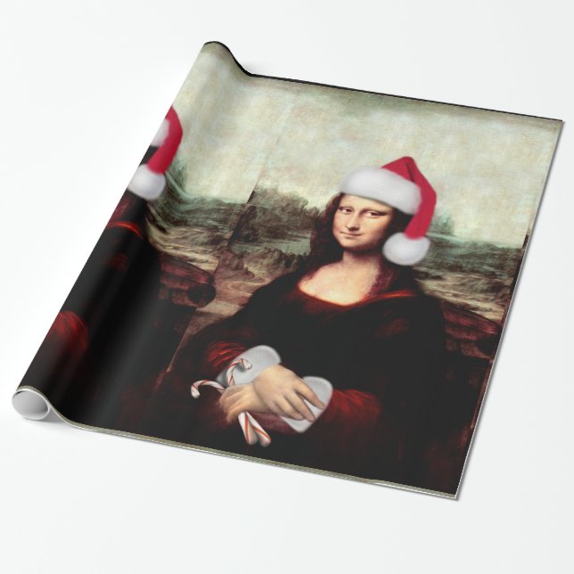 Mona Lisa Santa Hat Christmas Wrapping Paper (Unrolled)