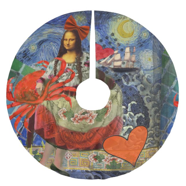 Mona Lisa Starry Night Collage: Whimsical Surreal  Brushed Polyester Tree Skirt (Front)