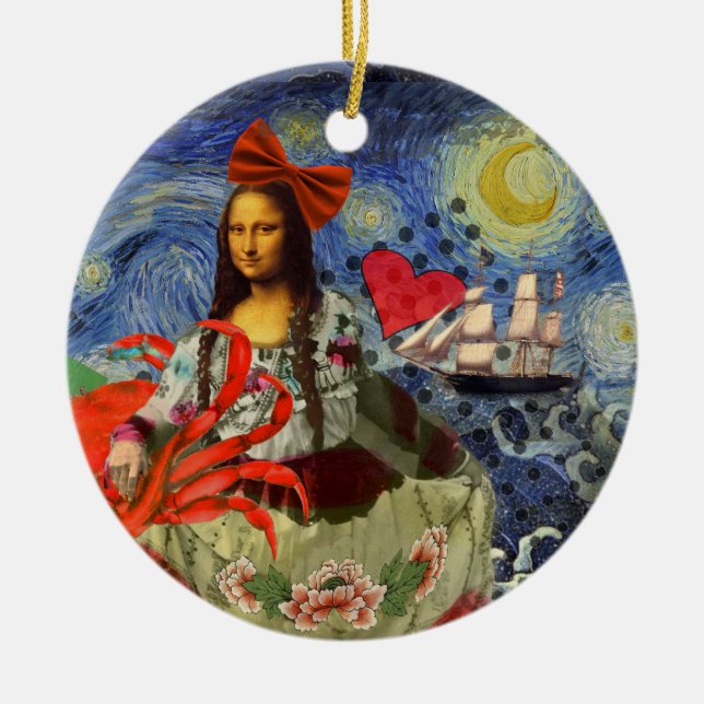 Mona Lisa Starry Night Collage: Whimsical Surreal  Ceramic Tree Decoration (Front)