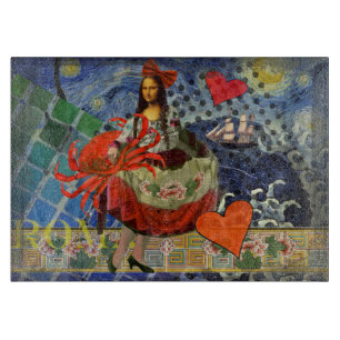 Mona Lisa Starry Night Collage: Whimsical Surreal Cutting Board