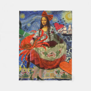 Mona Lisa Starry Night Collage: Whimsical Surreal Fleece Blanket