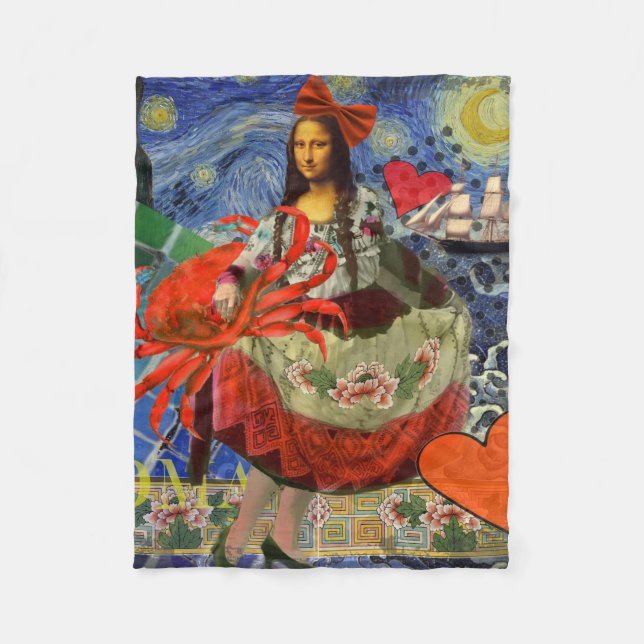 Mona Lisa Starry Night Collage: Whimsical Surreal  Fleece Blanket (Front)
