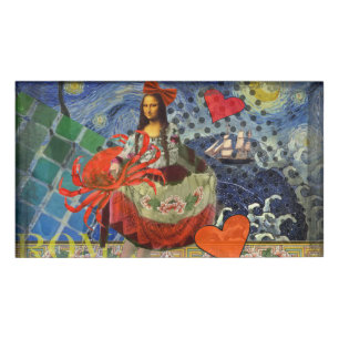Mona Lisa Starry Night Collage: Whimsical Surreal Name Tag