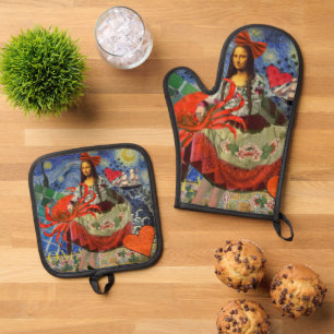 Mona Lisa Starry Night Collage: Whimsical Surreal Oven Mitt & Pot Holder Set